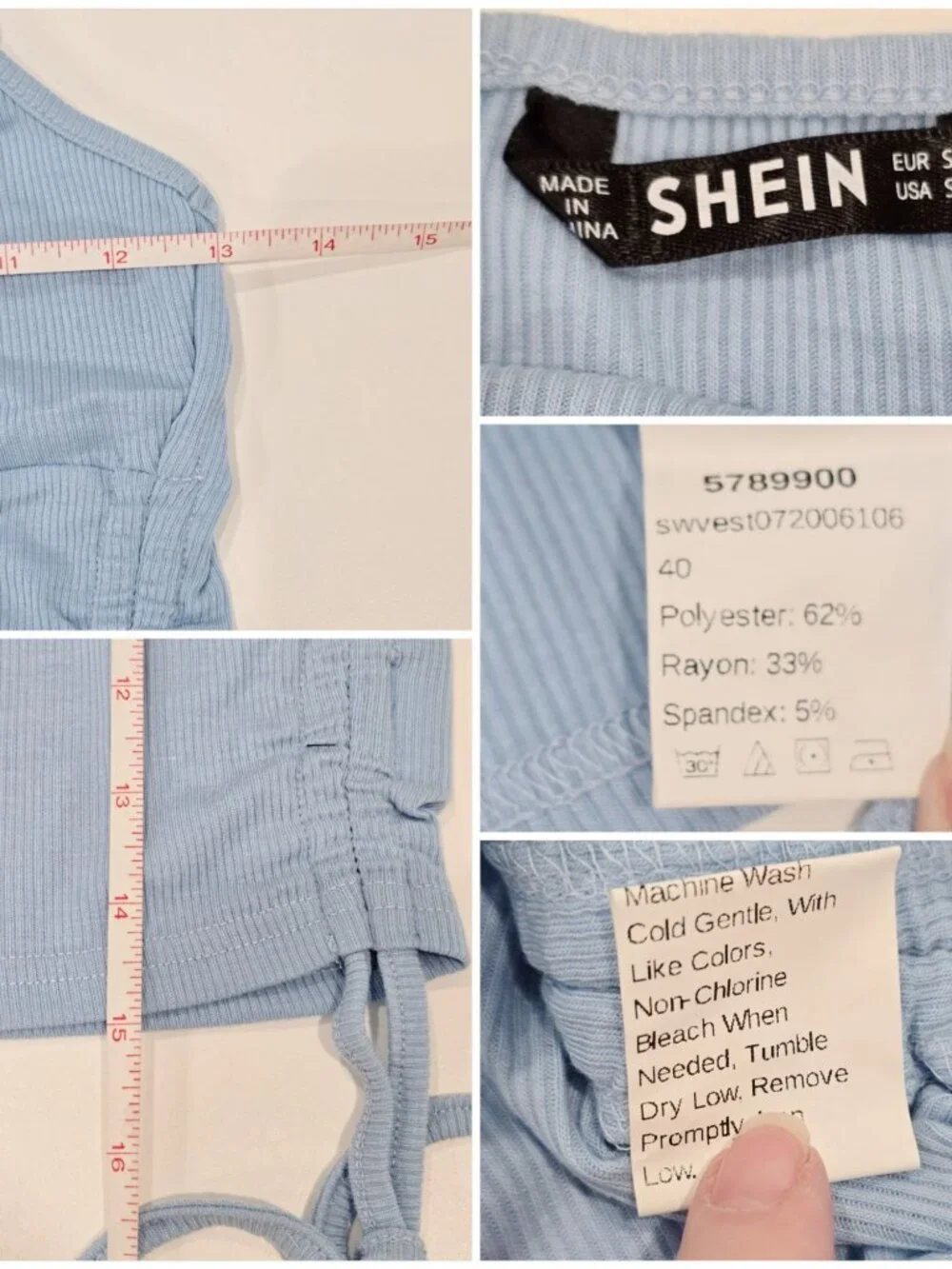 SHEIN ✦ Cami Top ✦ Blue Ribbed Tie‑Side Adjustable Strap Front‑Ruched Crop Top S - Picture 7 of 10